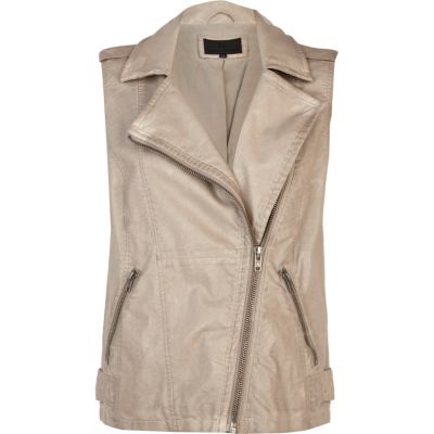 Beige over dye leather look biker gilet