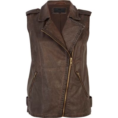 Brown over dye leather look biker gilet 