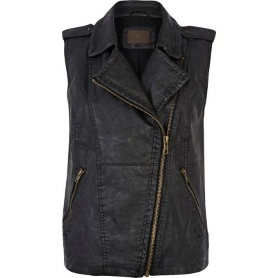Black leather look biker gilet