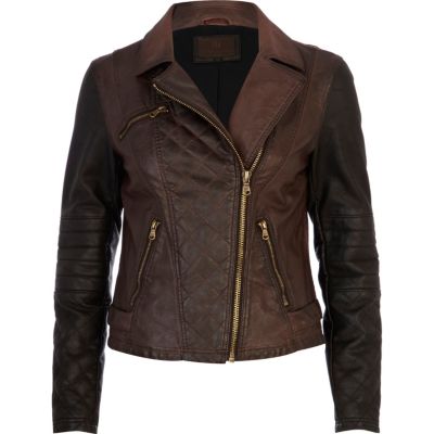 Brown colour block leather look biker jacket