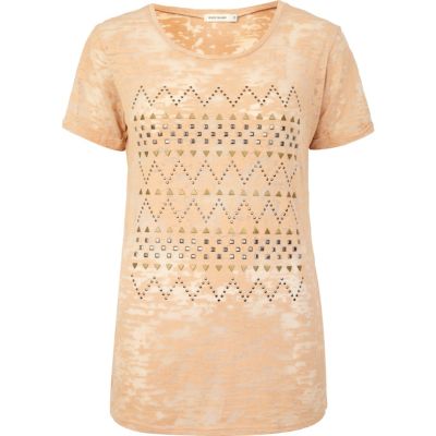 Beige burnout studded pattern t-shirt