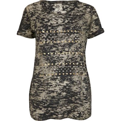 Khaki burnout studded pattern t-shirt