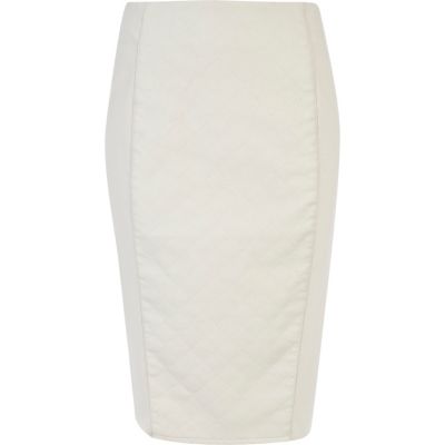 Cream leather look panel pencil skirt