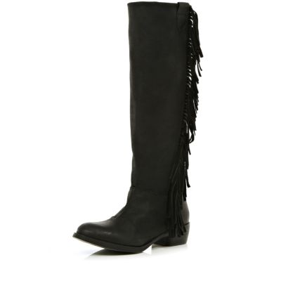 Black fringed knee high western boots