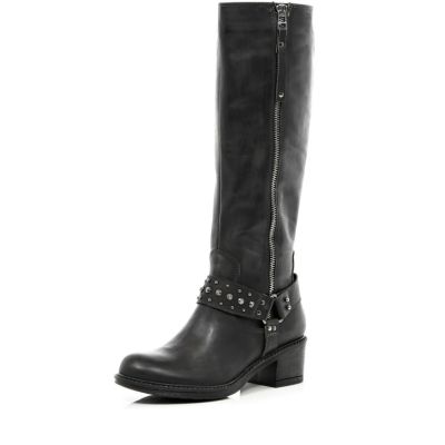 Black studded buckle knee high boots