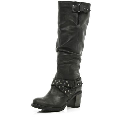 Black studded slouch knee high boots