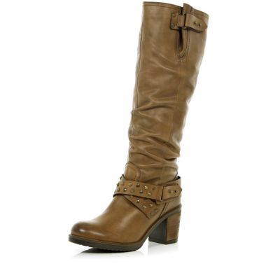 Brown studded slouch knee high boots