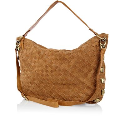 Beige leather weave studded slouch bag
