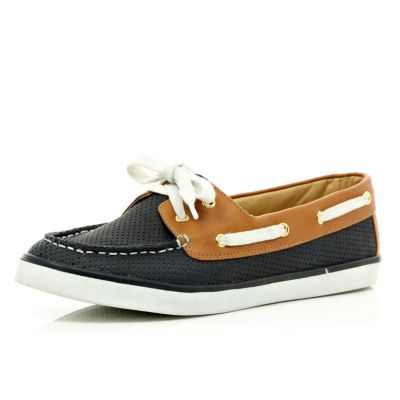 Navy perforated contrast trim boat shoes