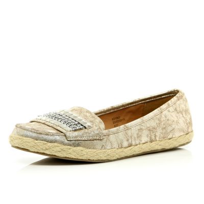 Gold metallic stud panel espadrille loafers