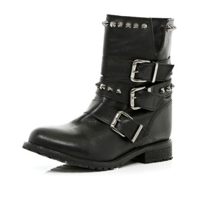 Black studded buckle biker boots