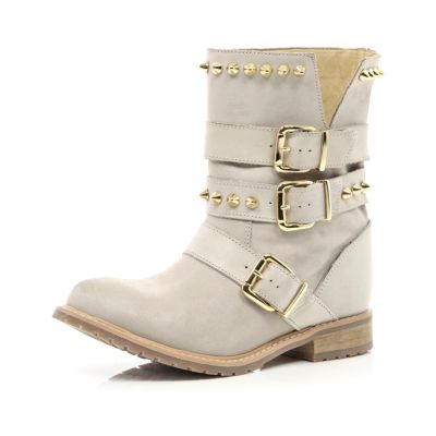 White studded buckle biker boots