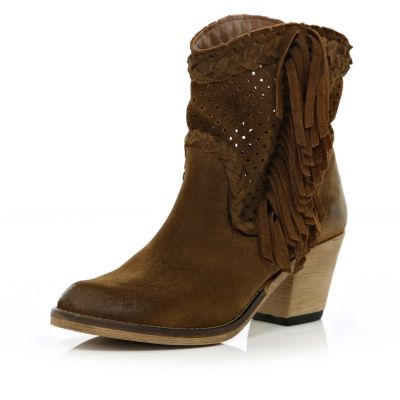 Brown perforated tassel western ankle boots