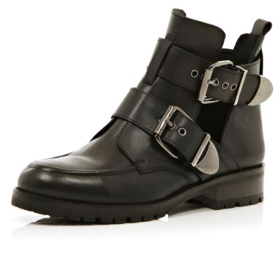 Black cut out chunky buckle ankle boots