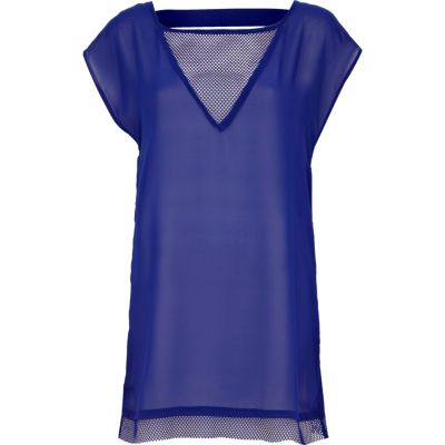 Blue mesh insert cut out tunic dress