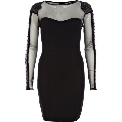 Black mesh panel embellished bodycon dress