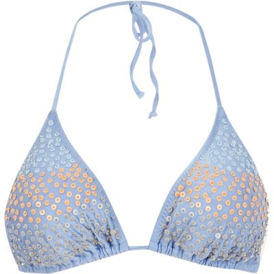 Light blue embellished bikini top 