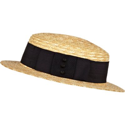 Cream studded bow trim straw boater hat