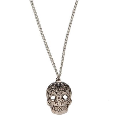 Silver tone filigree skull pendant necklace