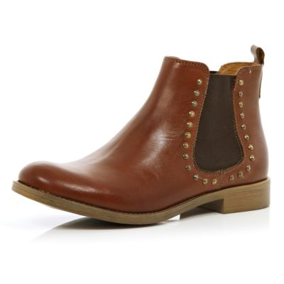 Brown leather studded chelsea boots
