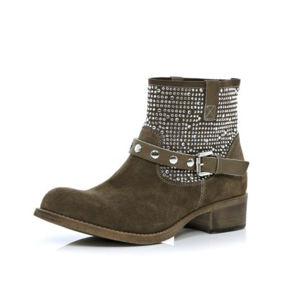 Beige diamante embellished biker boots