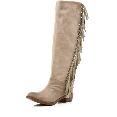 Beige fringed side knee high boots