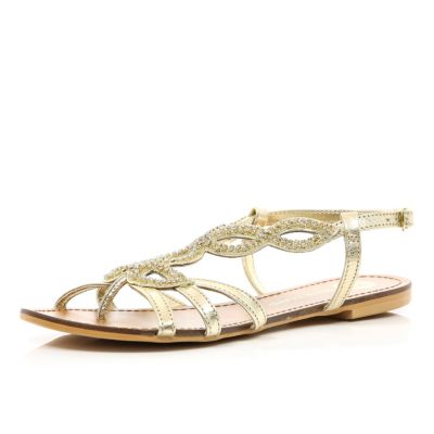 Gold diamante pattern embellished sandals