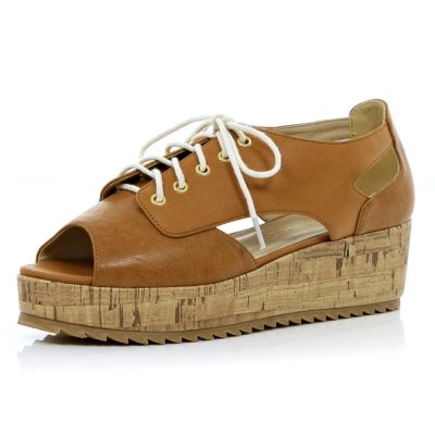 Brown lace up cut out cork flatforms