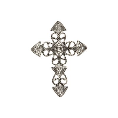 Silver tone filigree cross brooch