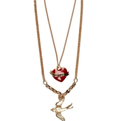 Gold tone swallow and heart pendant necklace