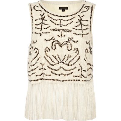 Cream sequin embellished fringed tank top