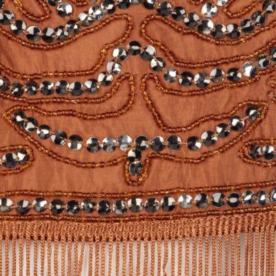 Brown sequin embellished fringed tank top