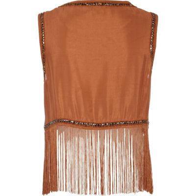Brown sequin embellished fringed tank top