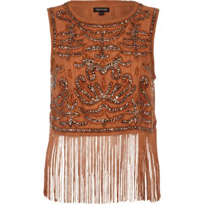 Brown sequin embellished fringed tank top