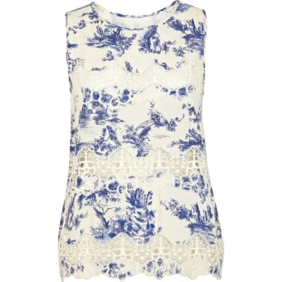 Blue print lace tiered sleeveless top