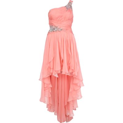 Coral Forever Unique dip hem gem stone dress