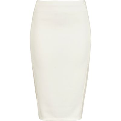 Cream mesh side panel pencil skirt