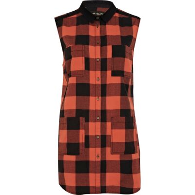 Orange check longline sleeveless shirt