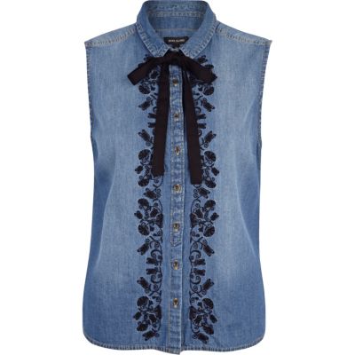 Denim embellished sleeveless dolly shirt