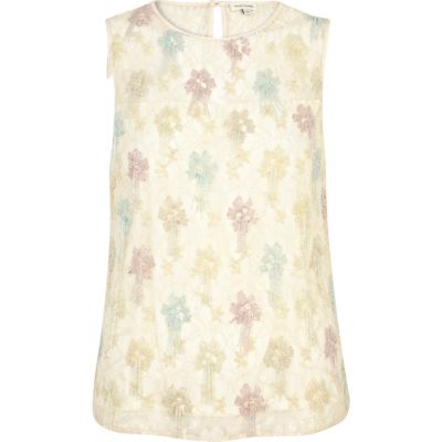 Cream embroidered flower shell top
