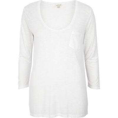 White 3/4 sleeve low scoop neck t-shirt