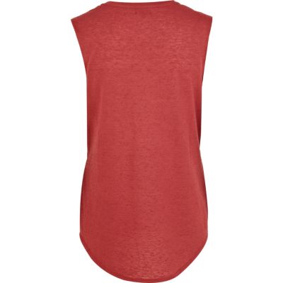 Red embellished feather head print tank top