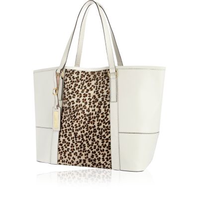 White leather leopard print panel tote bag