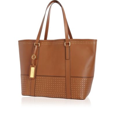 Beige leather studded panel tote bag