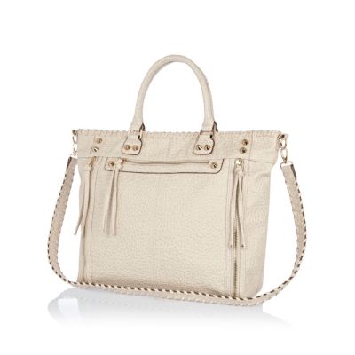 Cream tumbled whip stitch tote bag