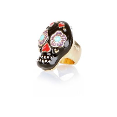 Black floral heart skull ring