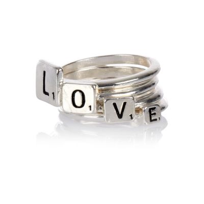Silver tone love stacked ring pack