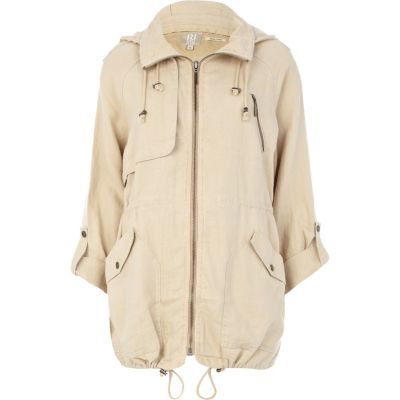Beige linen back print parka jacket 