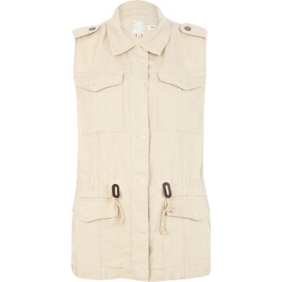 Beige linen back print utility gilet 