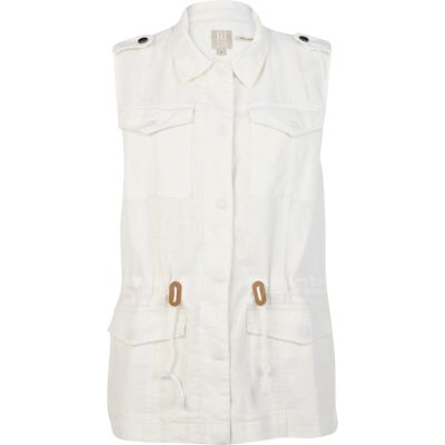 White linen back print utility gilet 